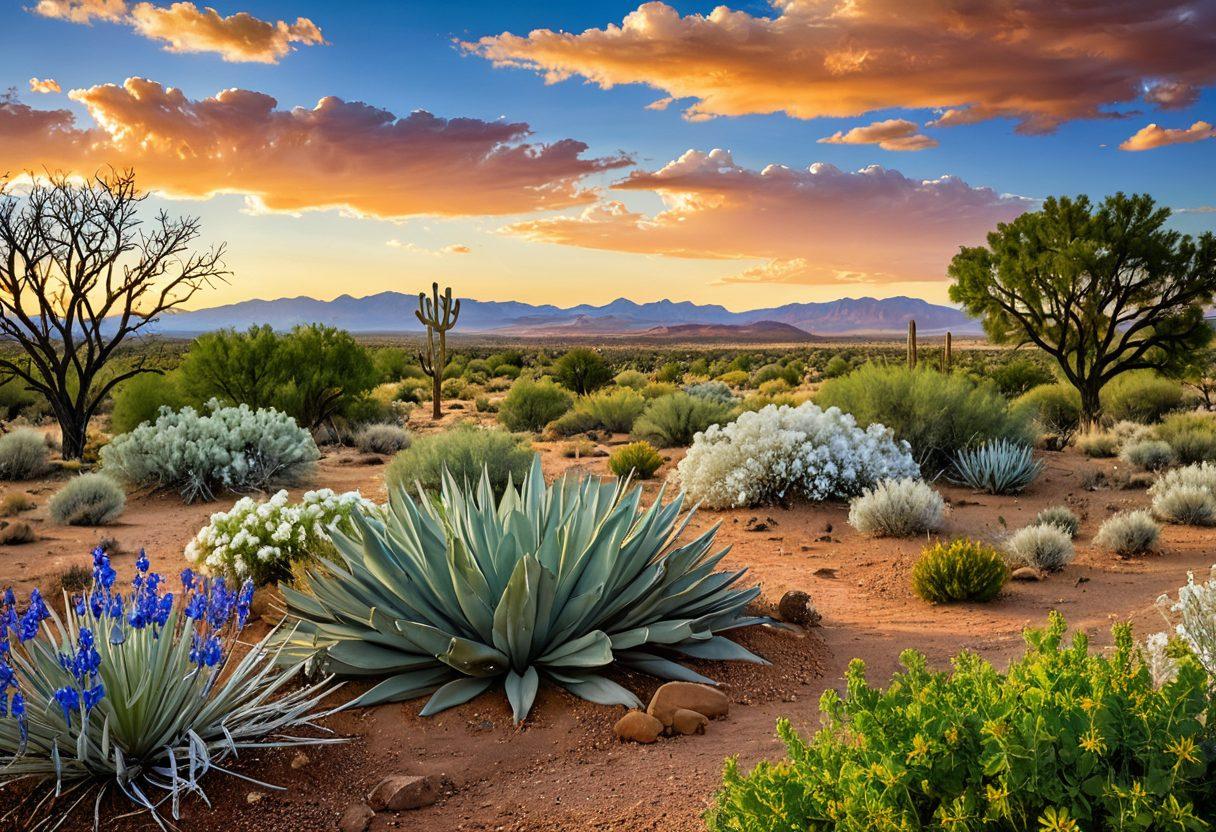 A scenic landscape of New Mexico showcasing a blend of arid desert and lush green areas, with innovative water conservation techniques like rainwater harvesting systems, solar-powered irrigation, and native plants thriving. The sky is bright blue with fluffy clouds and the sun casting warm golden light over the scene, symbolizing hope and sustainability. Include a diverse group of enthusiastic individuals engaged in ecological practices, promoting community involvement. super-realistic. vibrant colors. white background.