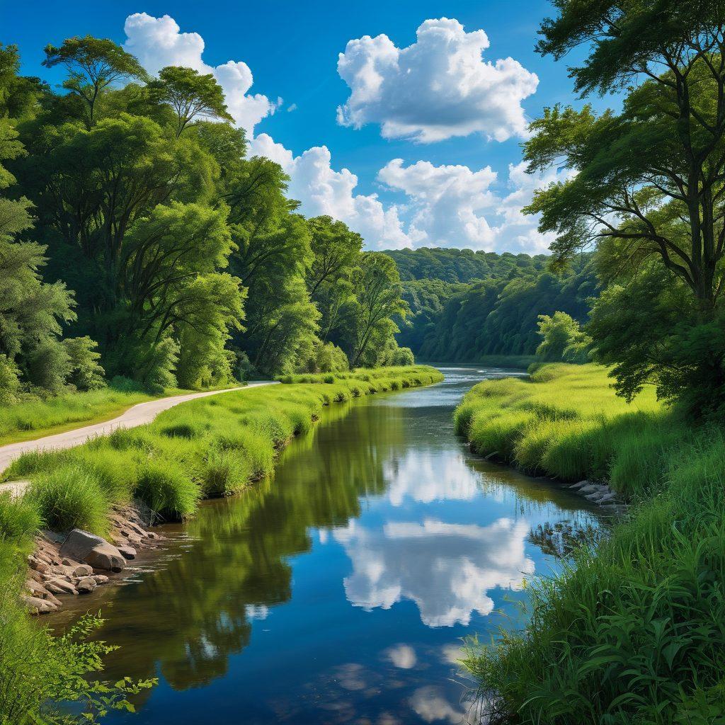 A serene landscape showcasing a vibrant river flanked by lush greenery, with wildlife harmonizing in and around the water. Incorporate elements like a dam subtly blending into the environment, symbolizing balance between human needs and nature. Bright blue skies with soft clouds overhead to enhance the feeling of resilience. Emphasize the reflection of ecological harmony within the water. super-realistic. vibrant colors.