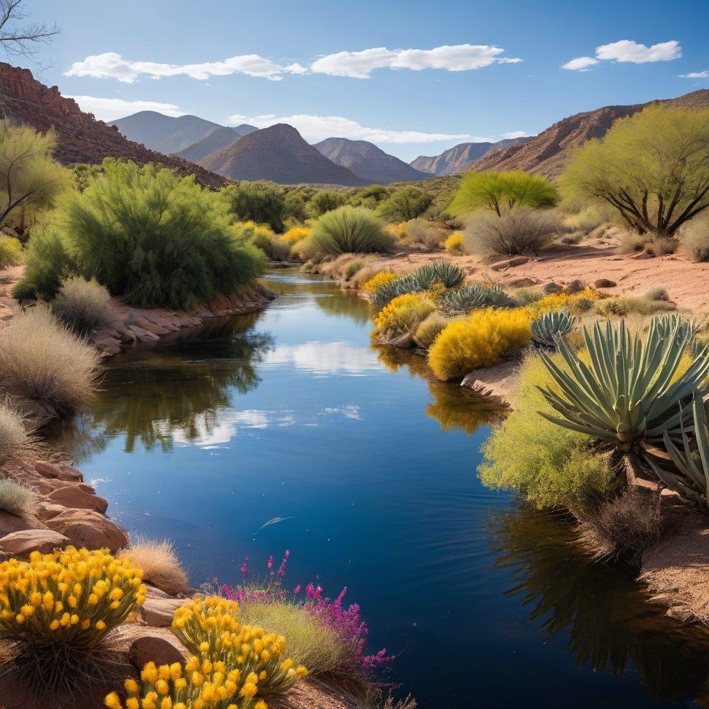 A serene New Mexico landscape showcasing a vibrant river flowing through a desert ecosystem, surrounded by native plants and wildlife. Illustrate people engaging in sustainable water practices, such as rainwater harvesting and water conservation methods. Highlight the diverse aquatic ecosystems, featuring rippling water, reflective surfaces, and a clear blue sky. Include cultural elements like adobe structures or local wildlife for richness. super-realistic. vibrant colors. panoramic view.